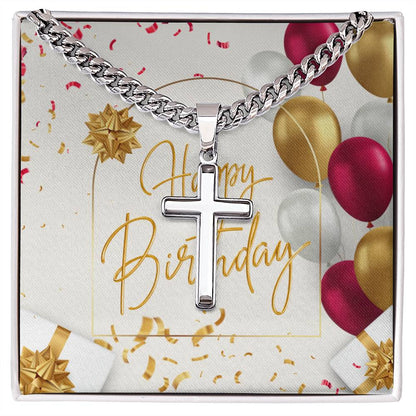 Happy Birthday Artisan Cross Necklace on Cuban Chain